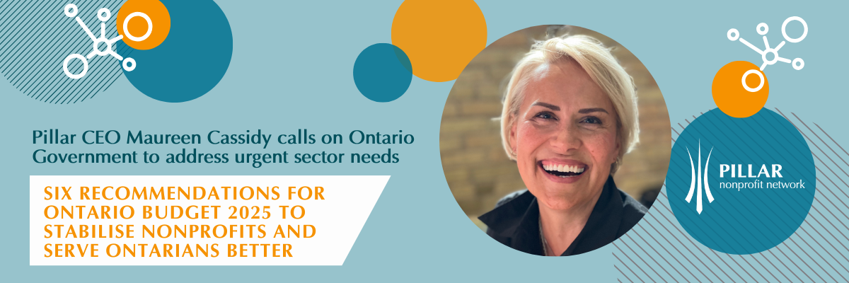 Cameo of smiling middle aged White woman with blond hair with text, "lar CEO Maureen Cassidy calls on Ontario Government to address urgent sector needs |  SIX RECOMMENDATIONS for ontario budget 2025 TO  STABILISE nonprofits AND  SERVE ONTARIANS BETTER"