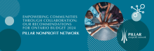 Cameo looking downward at people joining hands in the centre of a circle, with text, "Empowering Communities Through Collaboration: Our recommendations for Ontario budget 2024 | Pillar Nonprofit Network"
