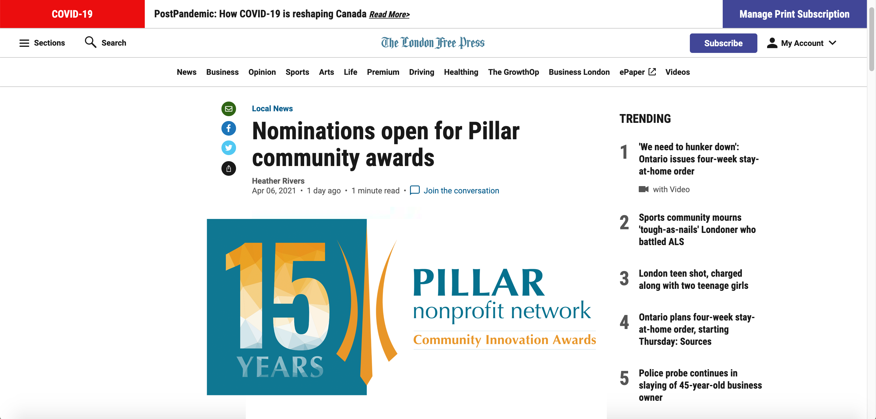 Screen capture of London Free Press Article about Nominations for the 2021 Pillar Community Innovation Awards